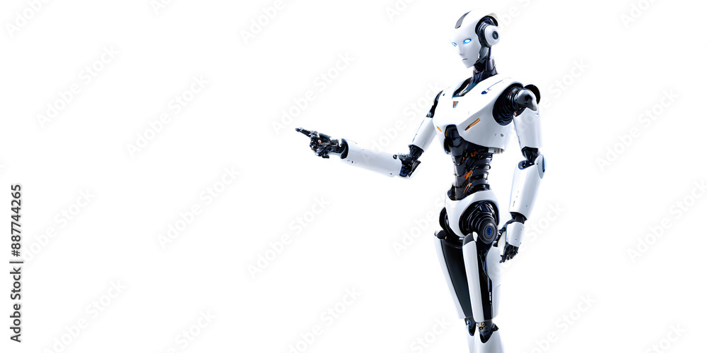 A highly detailed render of an advanced humanoid robot in a dynamic pose, pointing to the side. isolated in transparent background. A highly detailed render of an advanced humanoid robot in a dynamic pose, pointing to the side. isolated in transparent background.