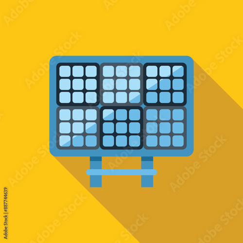 Blue solar panel converting sunlight into electricity, illustrating renewable energy generation in a flat design