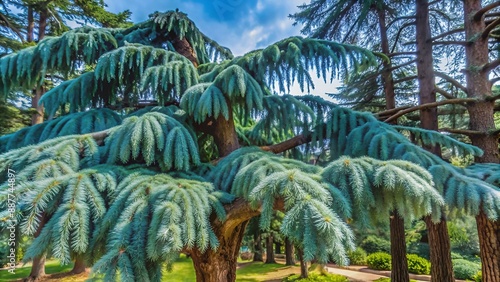 Majestic weeping blue atlas cedar (Cedrus atlantica Glauca Pendula in old Massandra park, Crimea. Closeup of hanging branches against backdrop of evergreen trees. photo