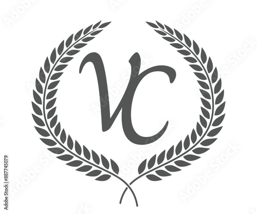 Initial letter V and C, VC monogram logo design with laurel wreath. Luxury calligraphy font.