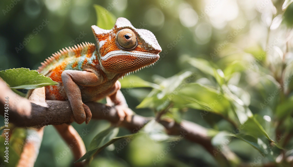 Fototapeta premium A chameleon blending into the foliage, midday sun 
