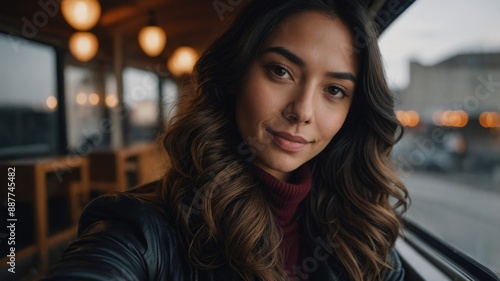 A woman with long wavy hair smiles softly while sitting in a cozy café, with warm lighting and a view of the street outside. 