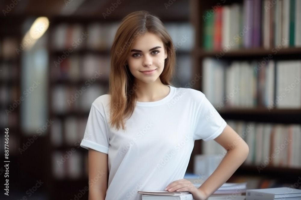 girl student with books on the background of university library shelves, study theme girl student with books on the background of university library shelves, study theme