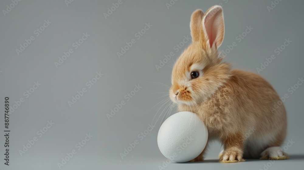 Easter Bunny Rabbit Holding Egg on Gray Background. Symbol of Easter Holiday Concept Easter Bunny Rabbit Holding Egg on Gray Background. Symbol of Easter Holiday Concept