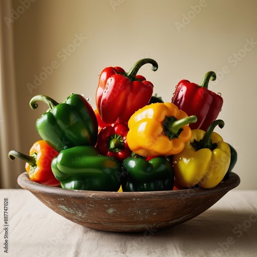 vibrant capsiums arranged on a weathered wooden bowl photo