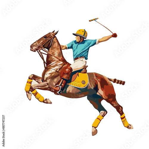 Polo player in action swinging a mallet while riding a horse