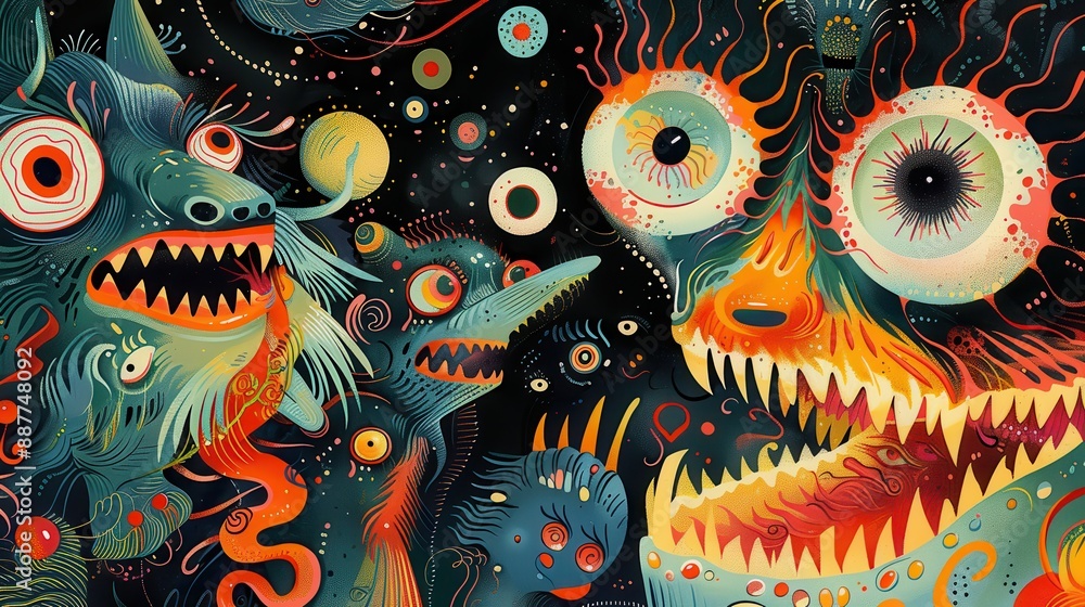 Colorful Abstract Surreal Art with Whimsical Creatures and Cosmic Elements in a Dark Background Colorful Abstract Surreal Art with Whimsical Creatures and Cosmic Elements in a Dark Background