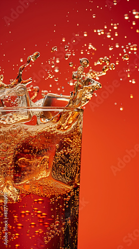 A dynamic shot of a fizzy drink splashing out of a glass with ice cubes against a vibrant red background, capturing the effervescence and refreshment.