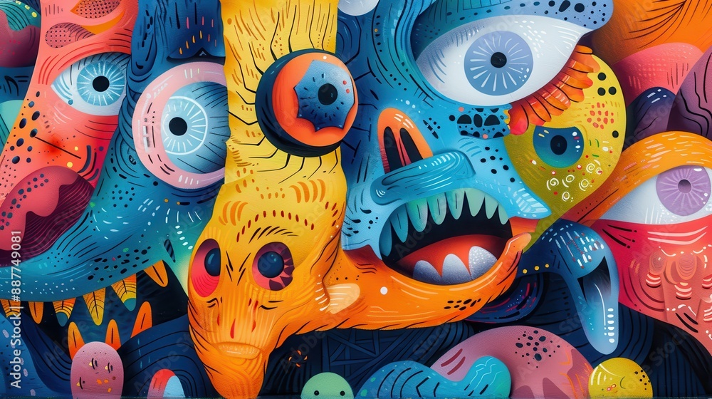 Fototapeta premium Vibrant Abstract Graffiti Art with Colorful Faces and Eyes in a Surreal Style