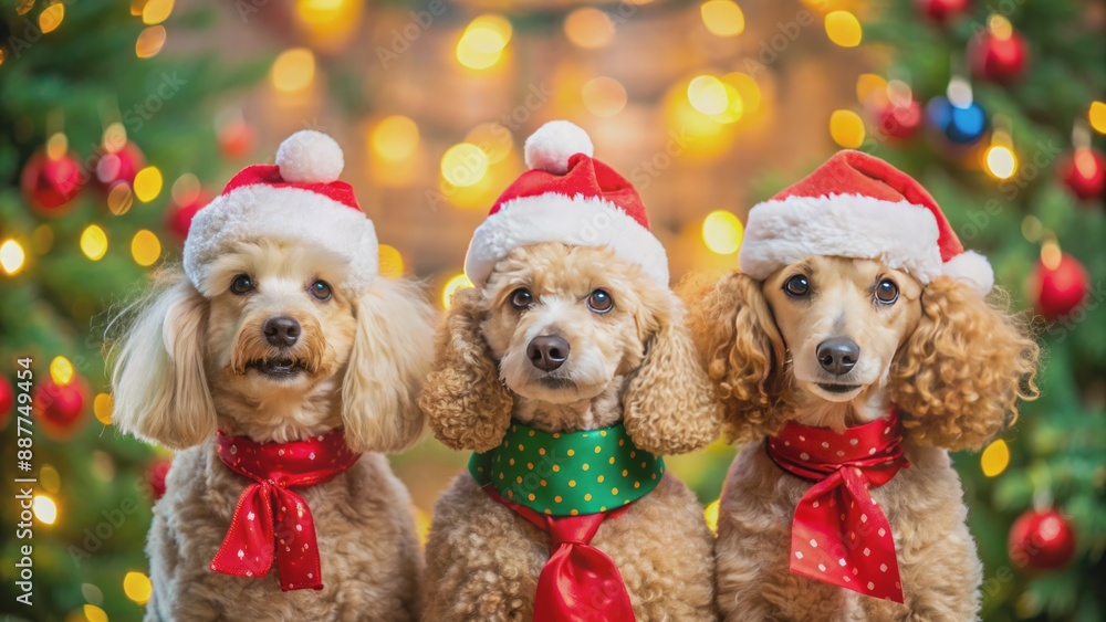 Adorable trio of curly coated poodles wearing Santa hats and scarves posing on festive holiday background with decorated trees. Adorable trio of curly coated poodles wearing Santa hats and scarves posing on festive holiday background with decorated trees.