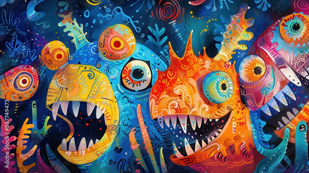 Fototapeta premium Vibrant and Colorful Abstract Illustration of Playful Monsters with Big Eyes and Sharp Teeth
