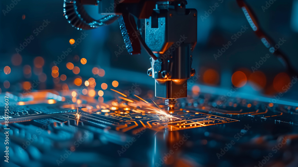 Advanced laser cutting technology in action within a high-tech manufacturing facility, showcasing precision engineering. Advanced laser cutting technology in action within a high-tech manufacturing facility, showcasing precision engineering.