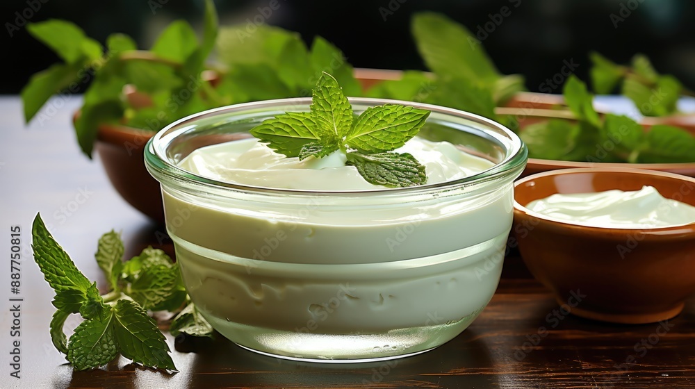 Handcrafted Vanilla Ice Cream Indulgence with Mint Leaves in Ceramic Bowl on White Marble Surface Handcrafted Vanilla Ice Cream Indulgence with Mint Leaves in Ceramic Bowl on White Marble Surface