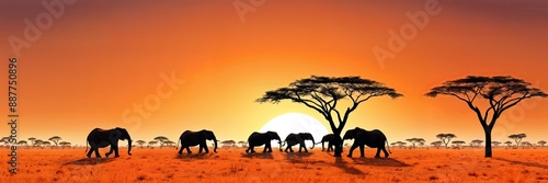 sunset scene featuring a herd of elephants walking across a grassy plain under the setting sun.