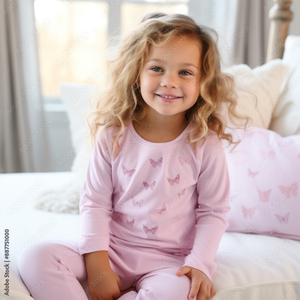 Happy cute adorable toddler girl, sweet 3 year old kid in pajamas sitting on bed after nap sleep Happy cute adorable toddler girl, sweet 3 year old kid in pajamas sitting on bed after nap sleep