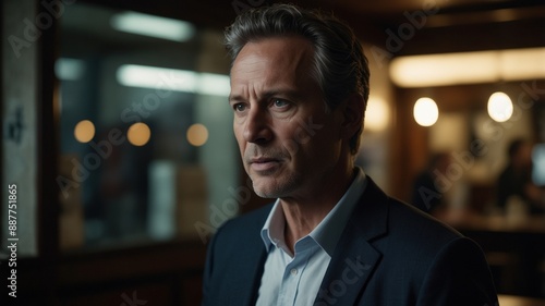 A middle-aged man in a suit looks focused and serious in an office setting, suggesting a business or professional environment. 