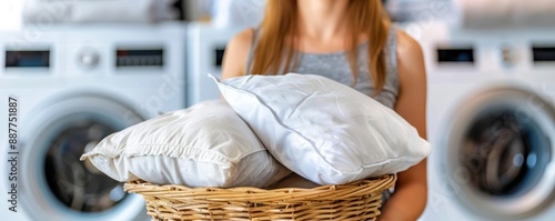 A woman holds a wicker basket with pillows in a laundromat, washing machines in the background.