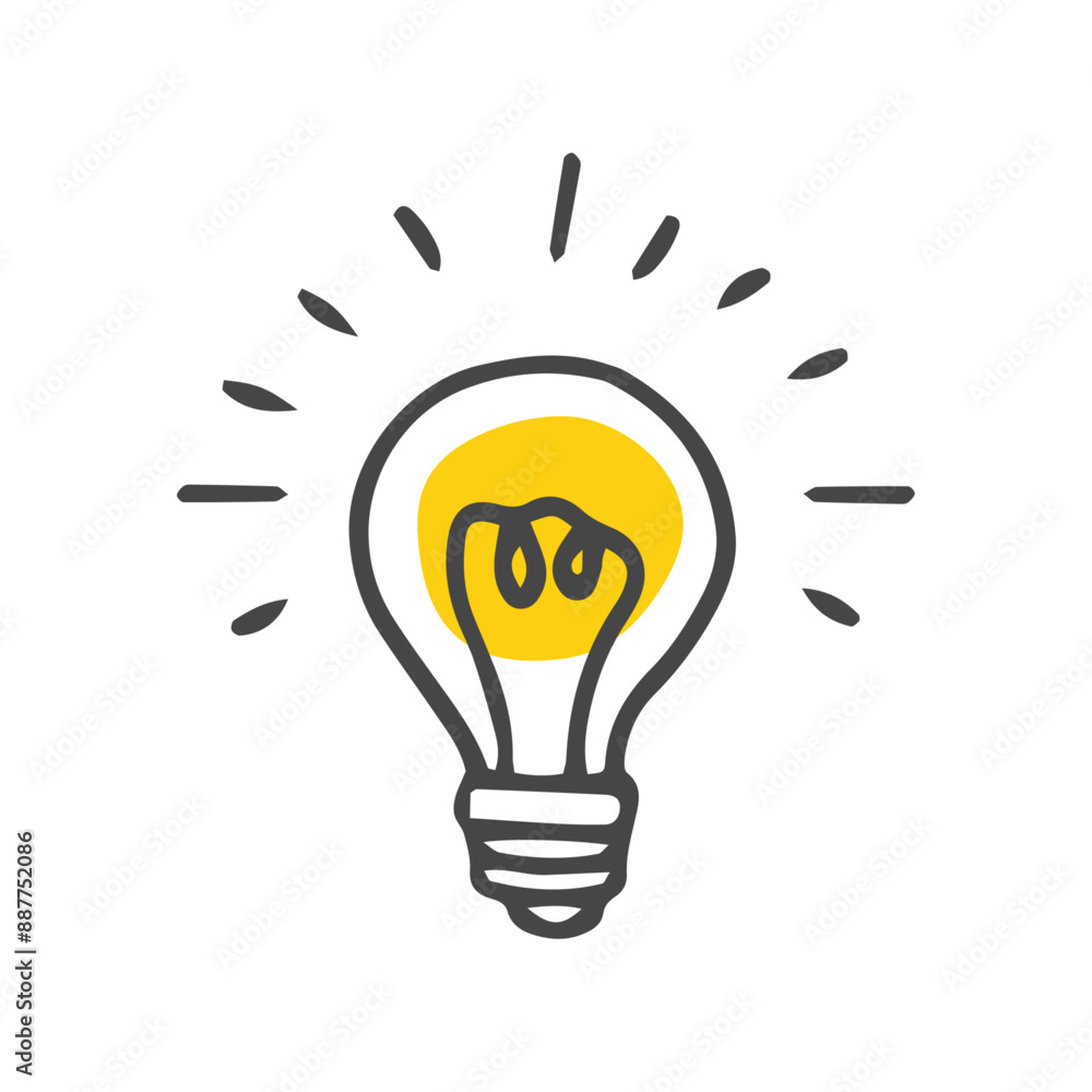Fototapeta premium Vector illustration of light bulb with rays shines. Doodle style. Flat style. Hand-drawn style. Symbol of creativity, innovation, inspiration, invention and idea.