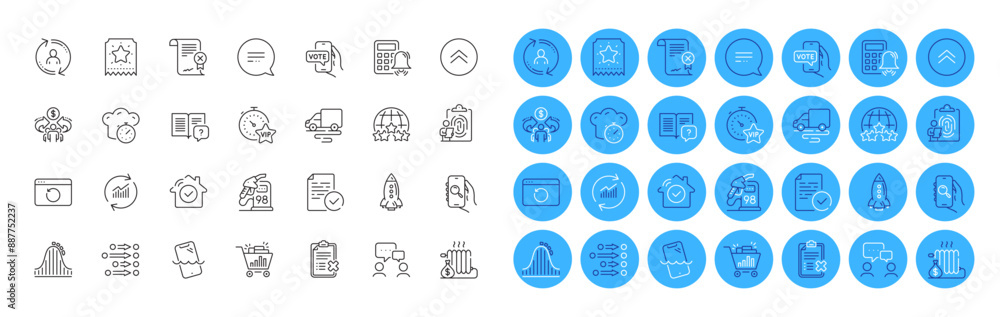 Vip timer, Rating stars and Compliance line icons pack. Update data, Calculator alarm, Reject certificate web icon. Petrol station, Sharing economy, Reject checklist pictogram. Swipe up. Vector Vip timer, Rating stars and Compliance line icons pack. Update data, Calculator alarm, Reject certificate web icon. Petrol station, Sharing economy, Reject checklist pictogram. Swipe up. Vector