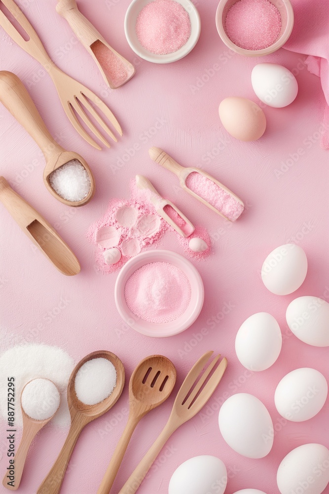 Flat lay of baking ingredients and utensils on pastel pink background. Flat lay of baking ingredients and utensils on pastel pink background.