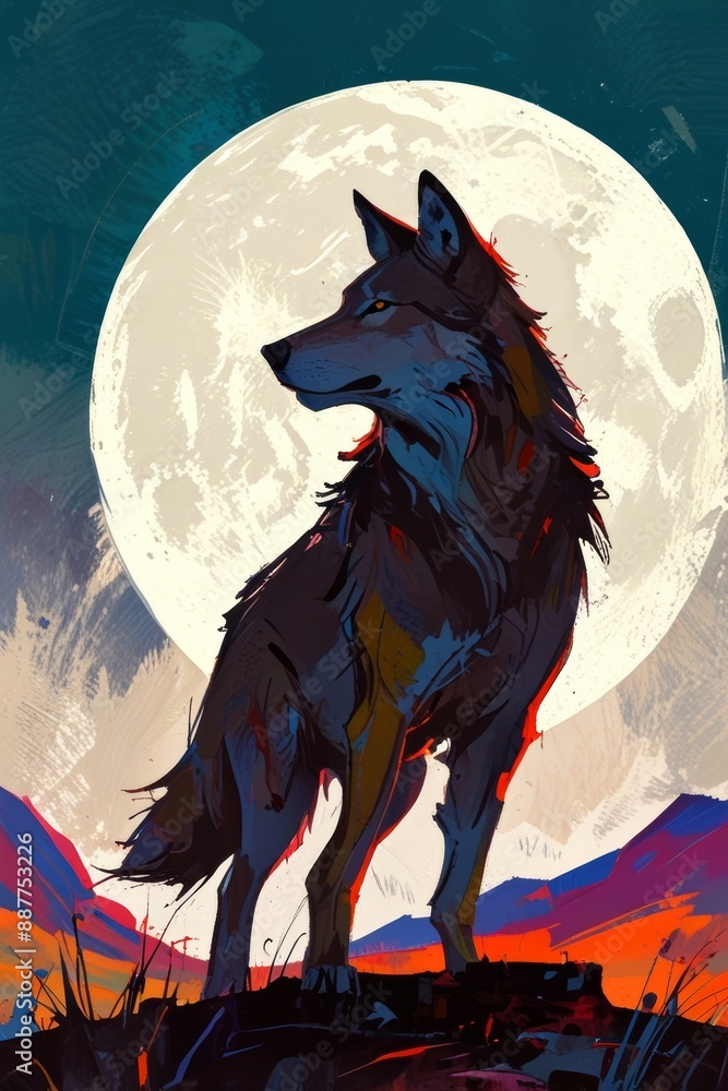 Abstract expressionist, painting of a wolf in front of a big fullmoon. Energetic brushwork, bold colors, abstract forms, expressive, emotional Abstract expressionist, painting of a wolf in front of a big fullmoon. Energetic brushwork, bold colors, abstract forms, expressive, emotional
