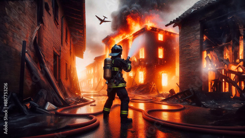 Firefighters extinguish a fire in a burning building, conceptual image