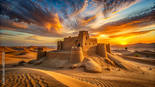 Stronghold in sandy landscape at dusk