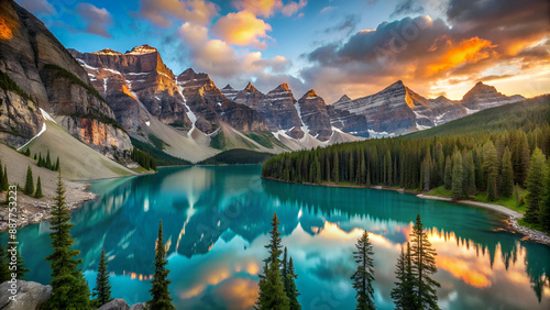 The emerald waters of Moraine Lake at sunset