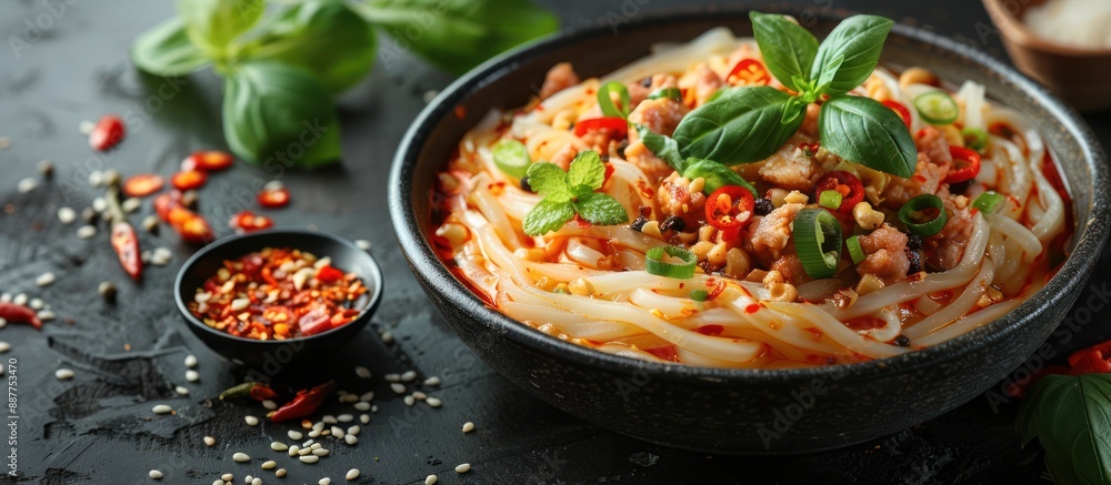 Spicy Noodle Bowl with Basil and Chili Peppers Spicy Noodle Bowl with Basil and Chili Peppers