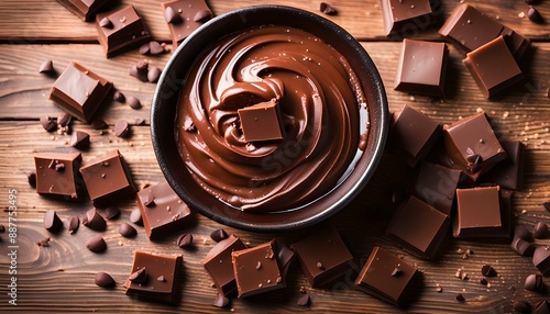 Chocolate cream and chocolate pieces on wooden table, top view
