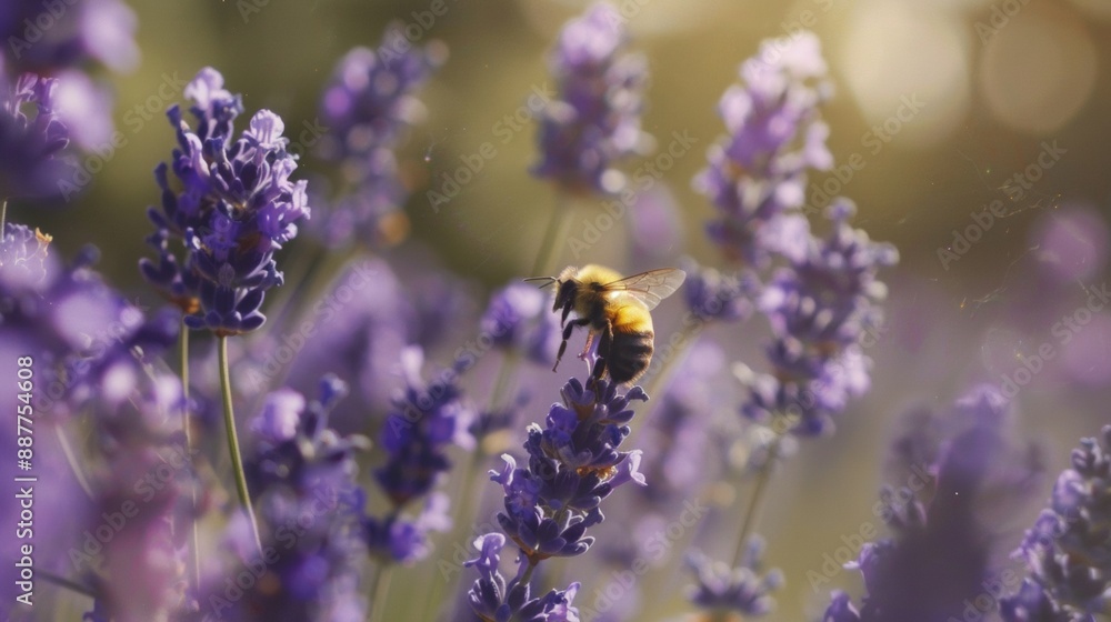 Lavender closeup on flower, bee in the background Lavender closeup on flower, bee in the background