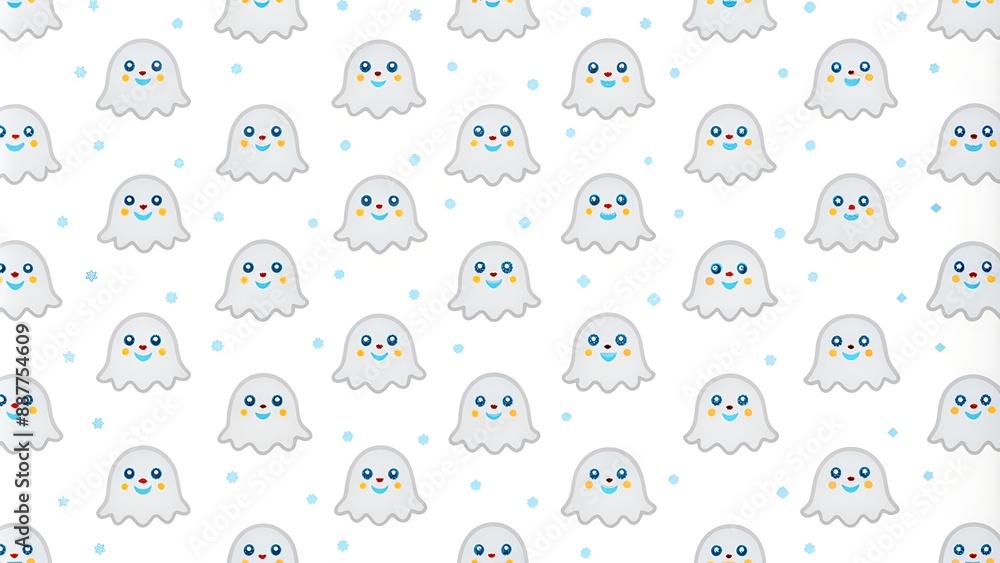 Fototapeta premium Halloween ghost seamless pattern background. Holidays cute ghost cartoon character. blue background