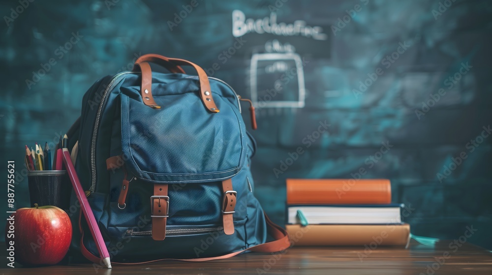 Back to School: Blue Backpack with Supplies and Fresh Fruits on Desk Back to School: Blue Backpack with Supplies and Fresh Fruits on Desk