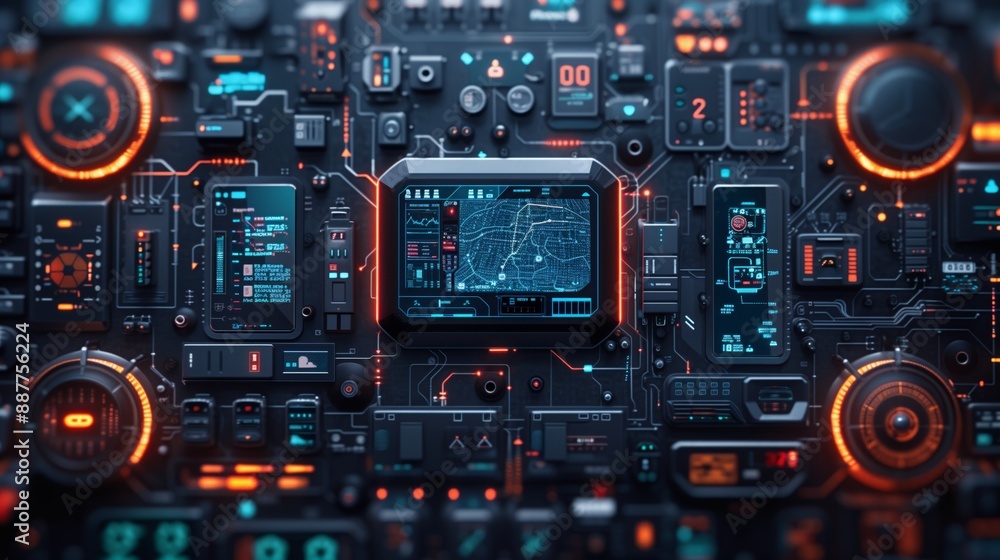 A futuristic smart home interface displays data visualizations and control panels, including a central map with real-time information from wearable biosensors. A futuristic smart home interface displays data visualizations and control panels, including a central map with real-time information from wearable biosensors.
