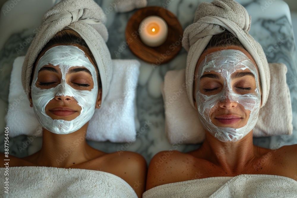 A mother enjoying a luxurious spa day with her best friend, both receiving facial treatments. They are lying on comfortable spa beds with their faces covered in masks, eyes closed, and smiling. The A mother enjoying a luxurious spa day with her best friend, both receiving facial treatments. They are lying on comfortable spa beds with their faces covered in masks, eyes closed, and smiling. The