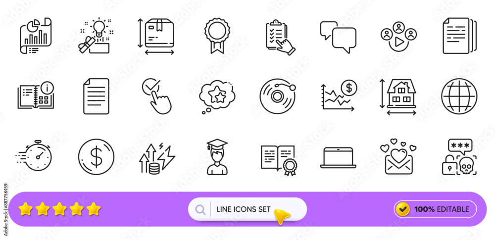 Reward, Creative idea and Dollar money line icons for web app. Pack of Instruction info, Energy inflation, Dollar rate pictogram icons. Globe, Timer, Checklist signs. Student. Search bar. Vector Reward, Creative idea and Dollar money line icons for web app. Pack of Instruction info, Energy inflation, Dollar rate pictogram icons. Globe, Timer, Checklist signs. Student. Search bar. Vector