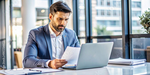 Focused Businessman Reviewing Documents at Office Desk. A serious businessman in a suit intently reviews documents while working on his laptop in a bright, modern office. © hobonski