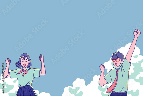 笑顔でガッツポーズする男女の高校生