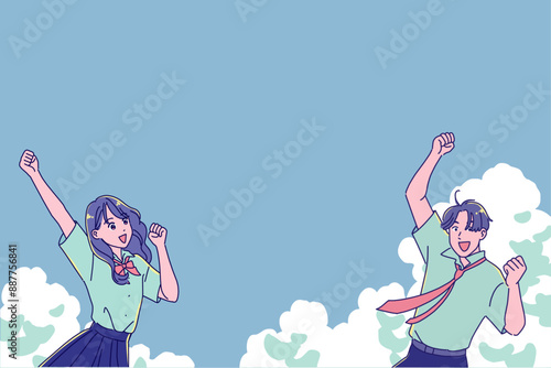 笑顔でガッツポーズする男女の高校生