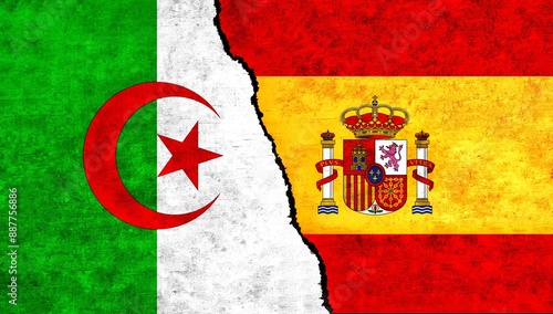 Spain and Algeria flag together on wall. Algeria Spain relations, economy, relationship, trade concept. Spain vs Algeria