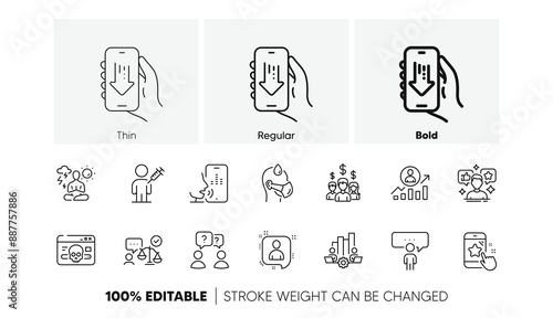 Download app, Social media and Developers chat line icons. Pack of Cyber attack, Star rating, Teamwork questions icon. Sick man, Career ladder, Lawyer pictogram. Consulting business. Vector