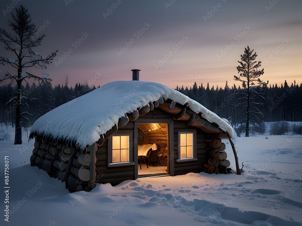 Scandinavian winter cabin with reindeer hides, generative AI Scandinavian winter cabin with reindeer hides, generative AI