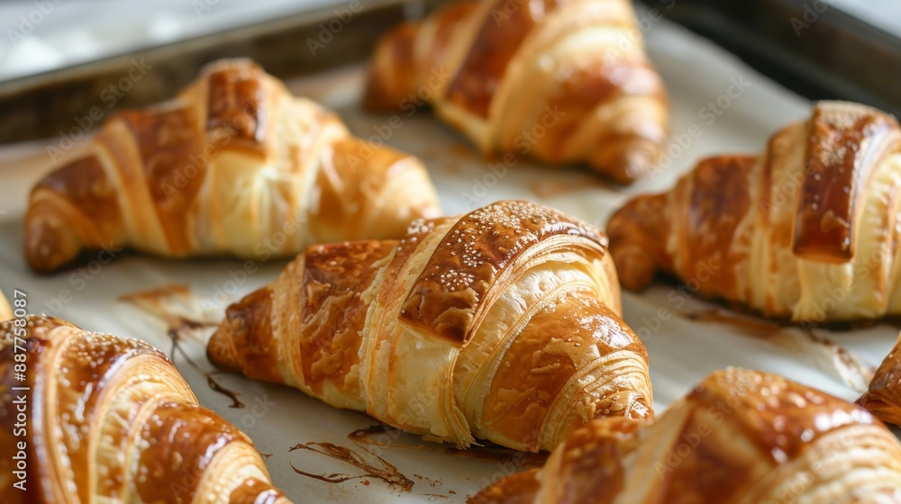 Golden flaky croissants fresh out of the oven are placed on a lined baking sheet. The pastries have a perfect crispy exterior, showcasing their multiple layers and buttery texture, ideal for breakfast Golden flaky croissants fresh out of the oven are placed on a lined baking sheet. The pastries have a perfect crispy exterior, showcasing their multiple layers and buttery texture, ideal for breakfast