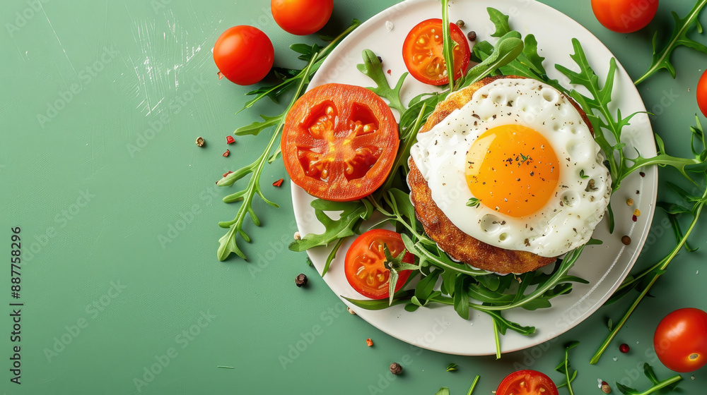 Fresh breakfast with sunny-side up egg, arugula, and tomato on a green background Fresh breakfast with sunny-side up egg, arugula, and tomato on a green background
