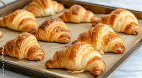 Golden flaky croissants fresh out of the oven are placed on a lined baking sheet. The pastries have a perfect crispy exterior, showcasing their multiple layers and buttery texture, ideal for breakfast