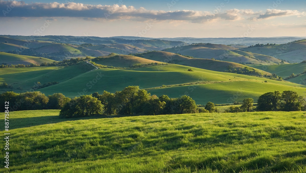 Rolling countryside hills with green meadows under a setting sun and a partially cloudy sky. Rolling countryside hills with green meadows under a setting sun and a partially cloudy sky.