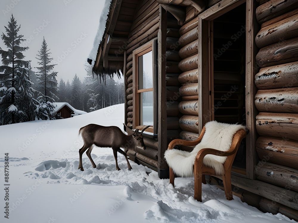 Scandinavian winter cabin with reindeer hides, generative AI Scandinavian winter cabin with reindeer hides, generative AI
