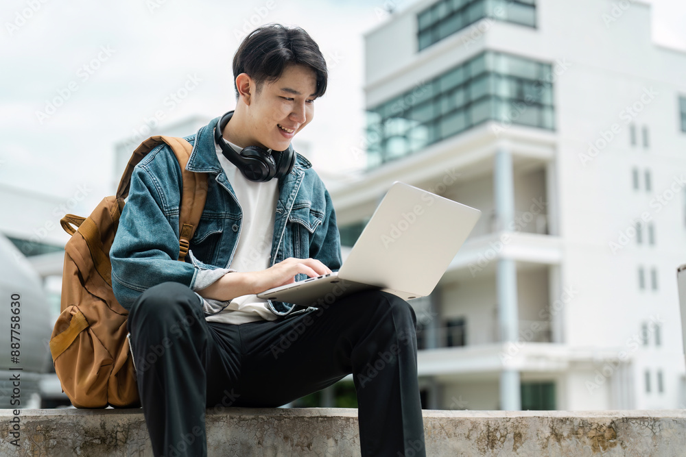Young man student using laptop learning sitting in sitting on stairs working on laptop, studying online in city urban Young man student using laptop learning sitting in sitting on stairs working on laptop, studying online in city urban