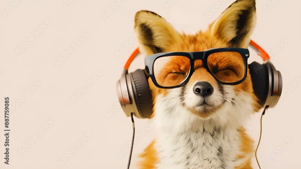 Fox in glasses wearing headphones enjoying music in slow motion video Fox in glasses wearing headphones enjoying music in slow motion video