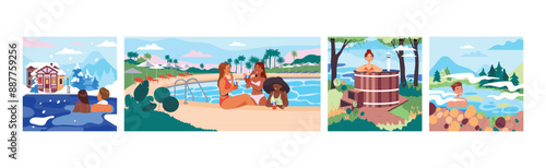 People Characters at Open-air Swimming Pool Enjoying Resort Vector Illustration Set